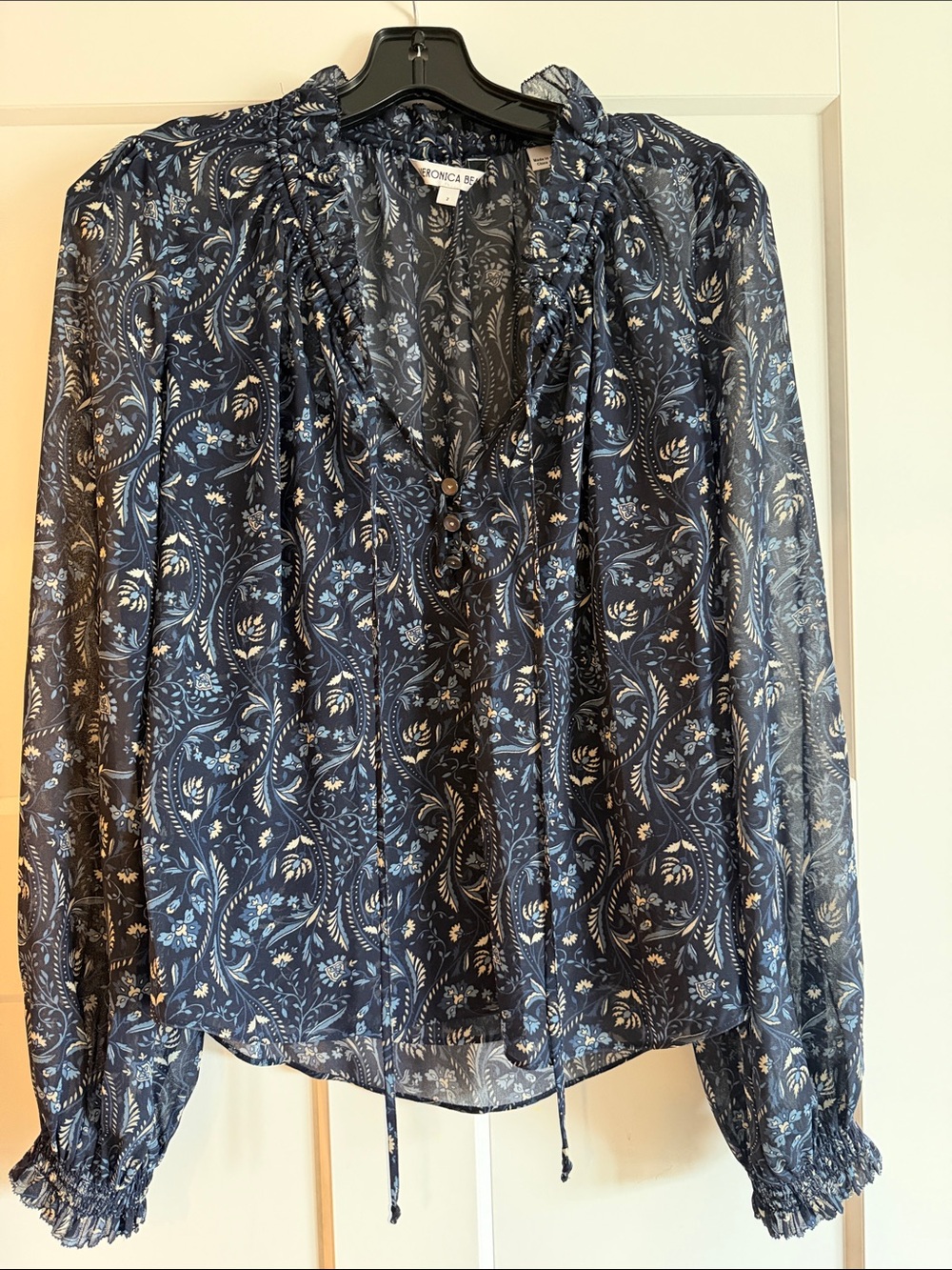 Veronica Beard Navy and Cream Floral Ruffle Tie-Neck Blouse
